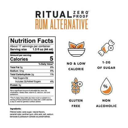 Zero Proof Rum Alternative Non Alcoholic Spirit for Cocktails 750ml