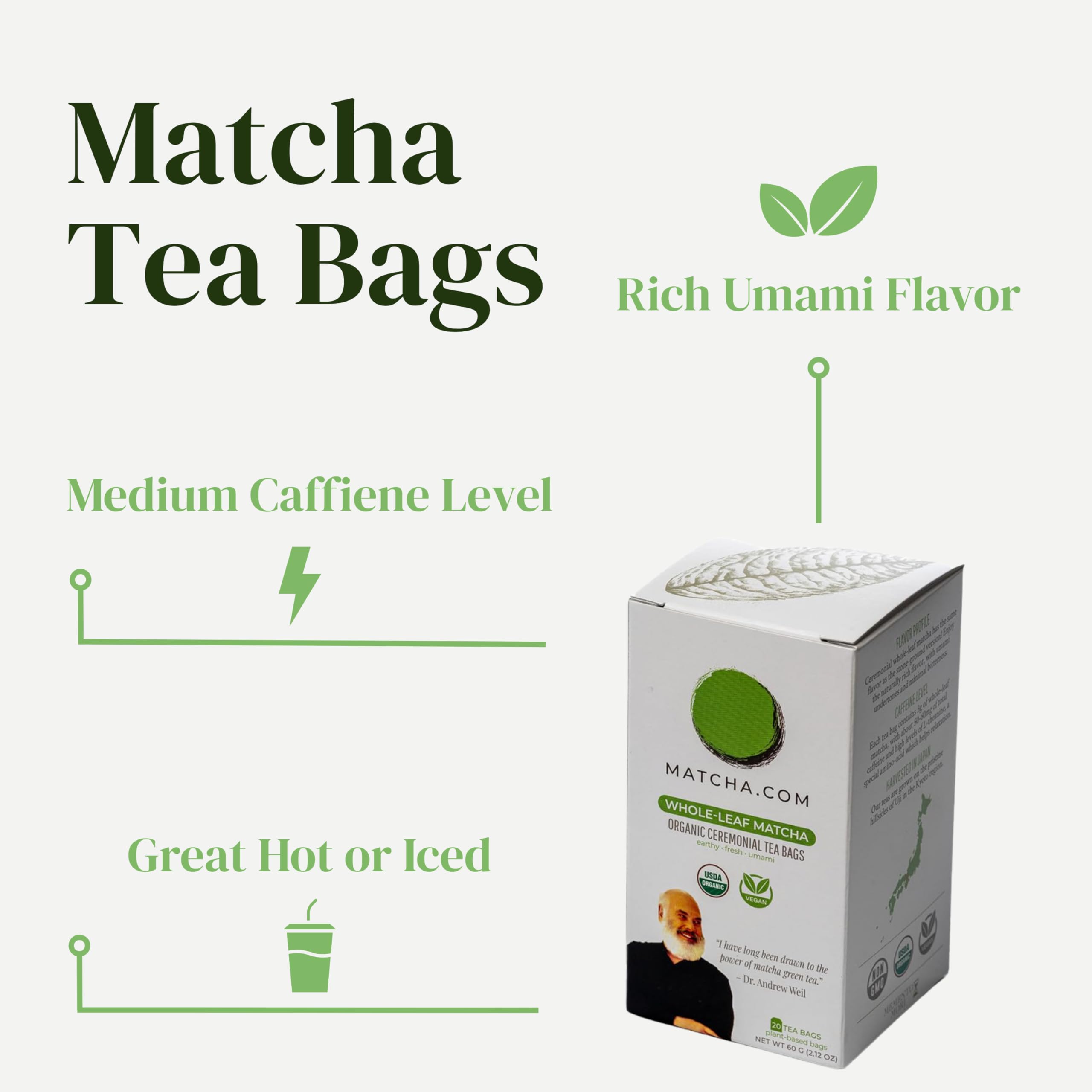 Matcha Kari Organic Japanese Green Tea Bags - Whole Leaf Tencha - 20 Ct