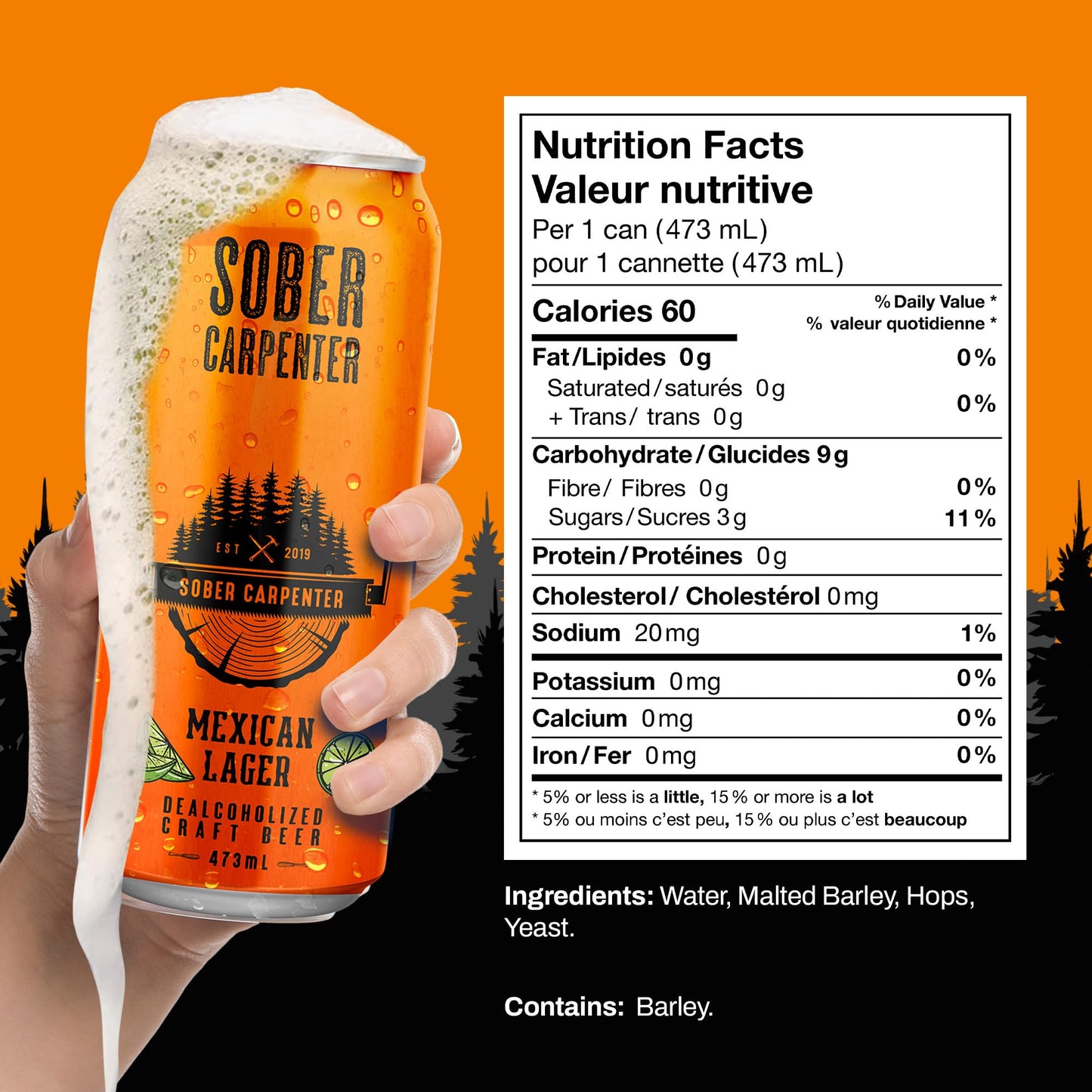 Sober Carpenter Mexican Lager Non-Alcoholic Beer 12 Pack 16 oz Vegan